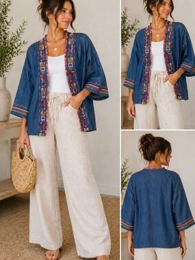 Denim Kimono Jacket Embroidered Tribal Trim Boho Open Front Medium